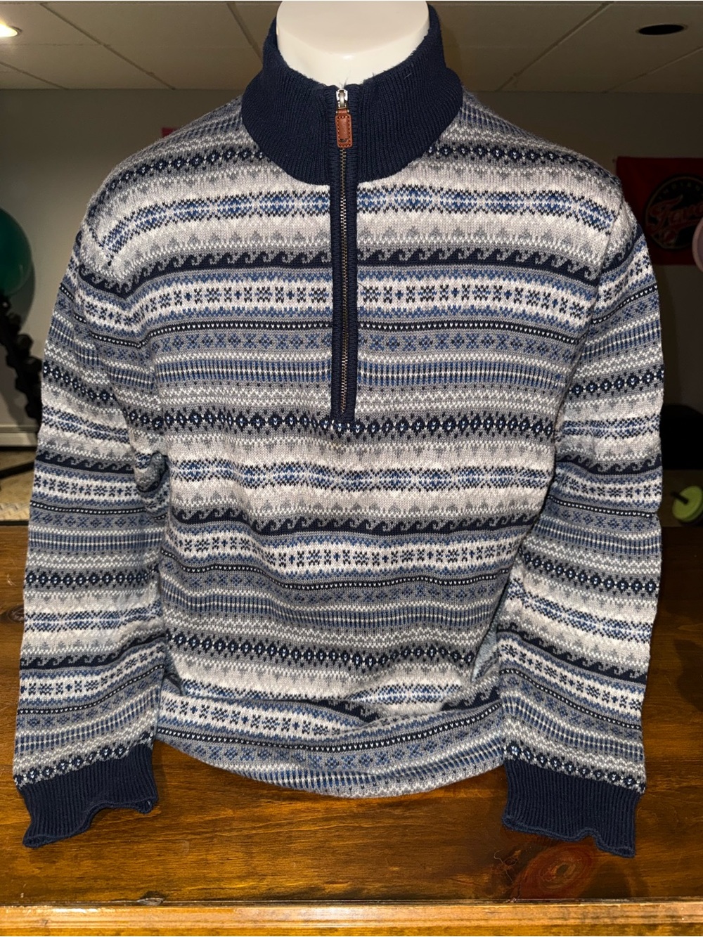 Vineyard Vines Navy and Gray Fair Isle Half-Zip Sweater